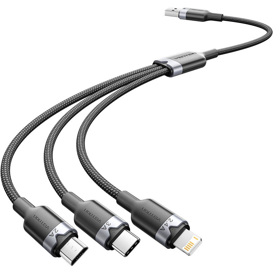 Vention USB 2.0 A Male to 3-in-1 USB-C & Lightning & Micro-B Male 3A Cable 1.5M Black Aluminum Alloy