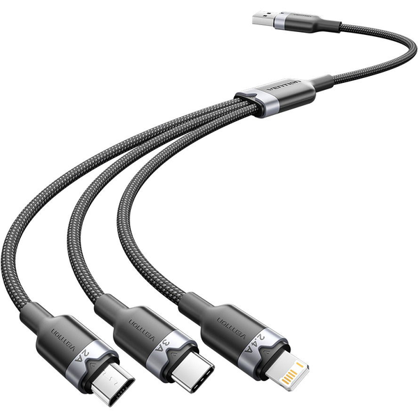 Vention USB 2.0 A Male to 3-in-1 USB-C &amp; Lightning &amp; Micro-B Male 3A Cable 1.5M Black Aluminum Alloy