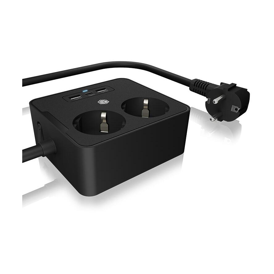 Doppelsteckdose IcyBox mit USB Ladegerät für Tisch-oder Wand (IB-MPS2220B-CH)