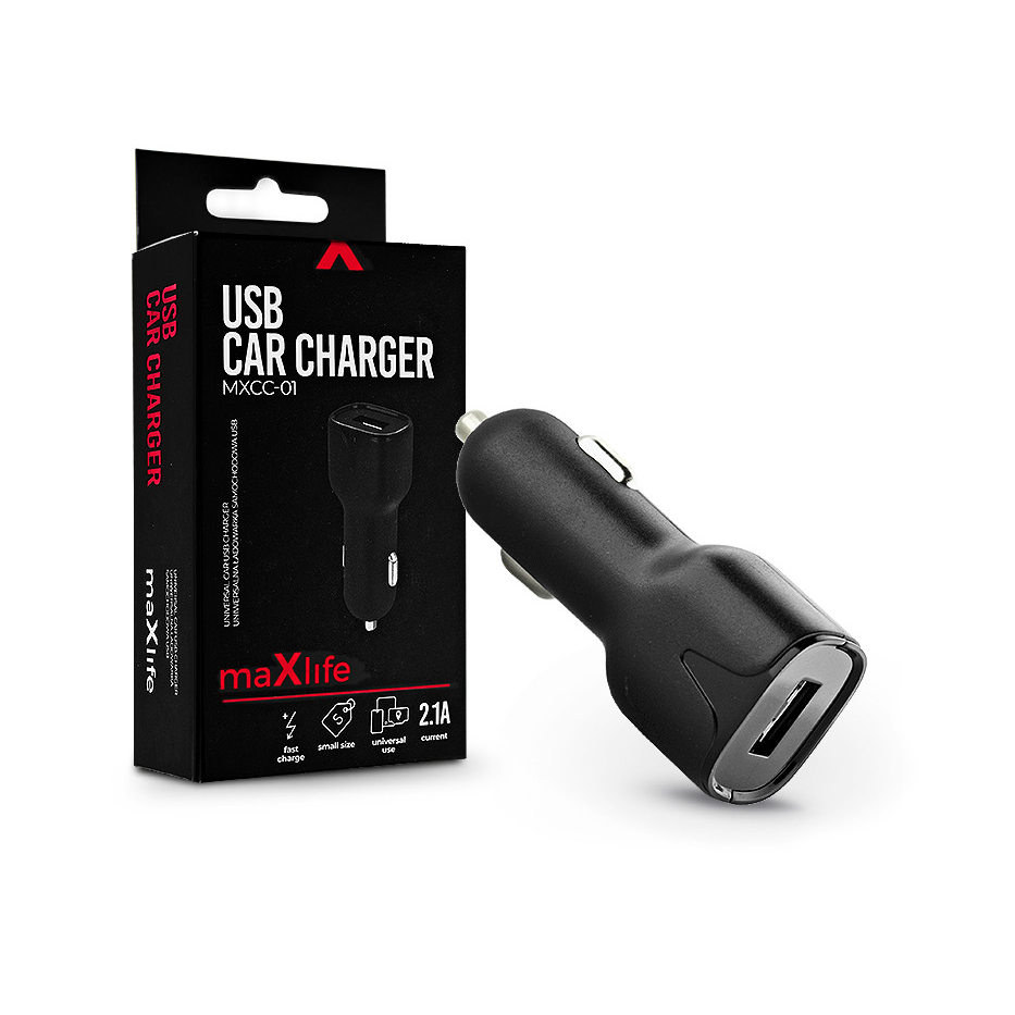 Maxlife USB szivargyújtó töltő adapter - Maxlife MXCC-01 USB Car Fast Charger - 5V/2,1A - fekete (TF-0018)