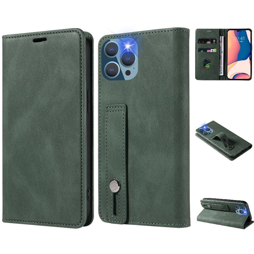 Samsung Galaxy A03s SM-A037F, Oldalra nyíló tok, stand, kártyatartóval, kézpánttal, Wooze Business Plus, sötétzöld (132650)