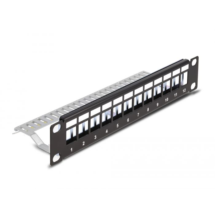 Delock 10” hálózati szekrényekhez Keystone patch panel 12 porttal és tehermentesítővel 1U fekete (66874) (delock66874)