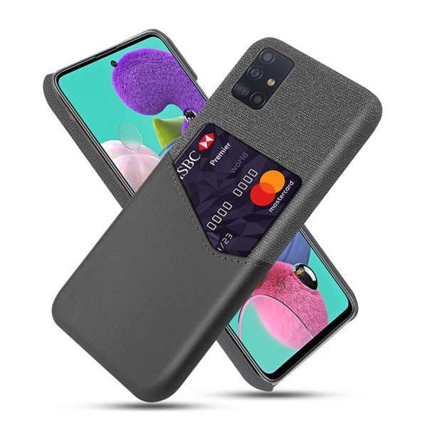 Műanyag telefonvédő (közepesen ütésálló, bankkártya tartó, textil bevonat, bőr hatású hátlap) SZÜRKE [Samsung Galaxy A51 (SM-A515F)] (5996457990863)