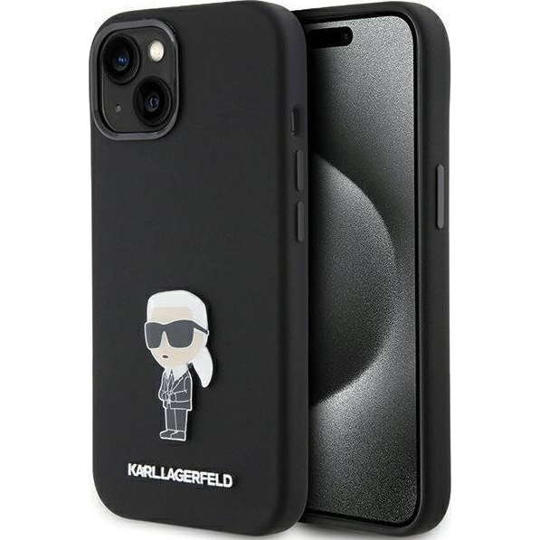 Karl Lagerfeld Liquid Silicone Metal Ikonik Apple iPhone 15 Hátlapvédő Tok Fekete (KF001871)