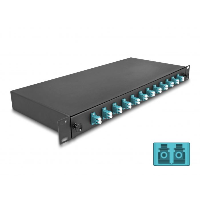 Delock 19” hosszú sínekbe rögzítéshez optikai szálösszefűző doboz, 12db LC Duplex OM3 1U, kompletten összeszerelve (67004) (delock67004)