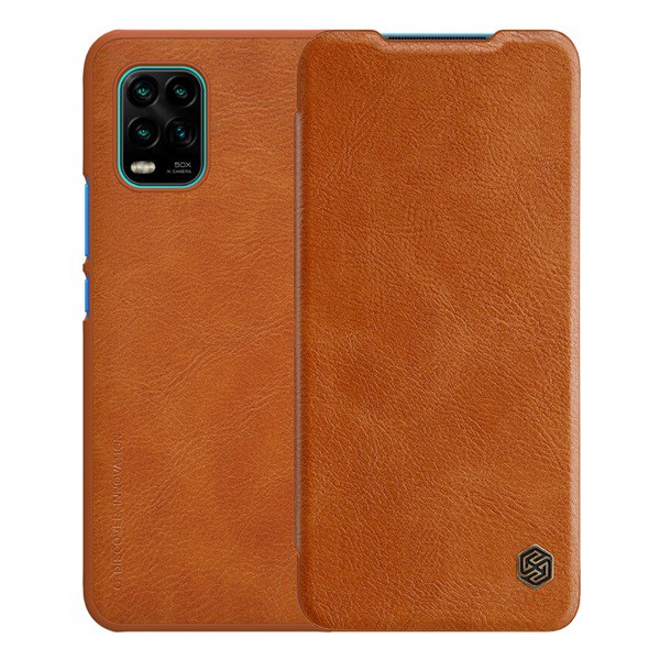 NILLKIN QIN tok álló, bőr hatású (FLIP, oldalra nyíló, bankkártya tartó) BARNA [Xiaomi Mi 10 Lite 5G]