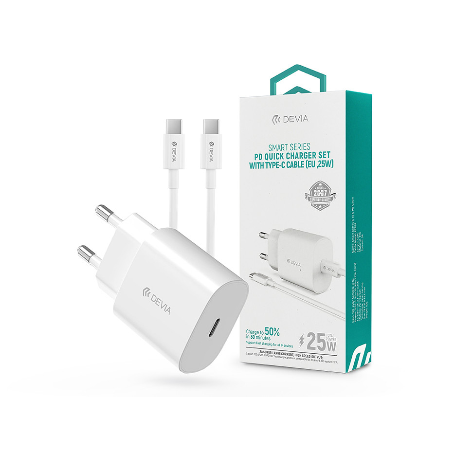 Devia hálózati töltő adapter Type-C bemenettel + Type-C - Type-C adatkábel - 25W - Devia Smart Series PD Quick Charger Set - fehér (ST383373)