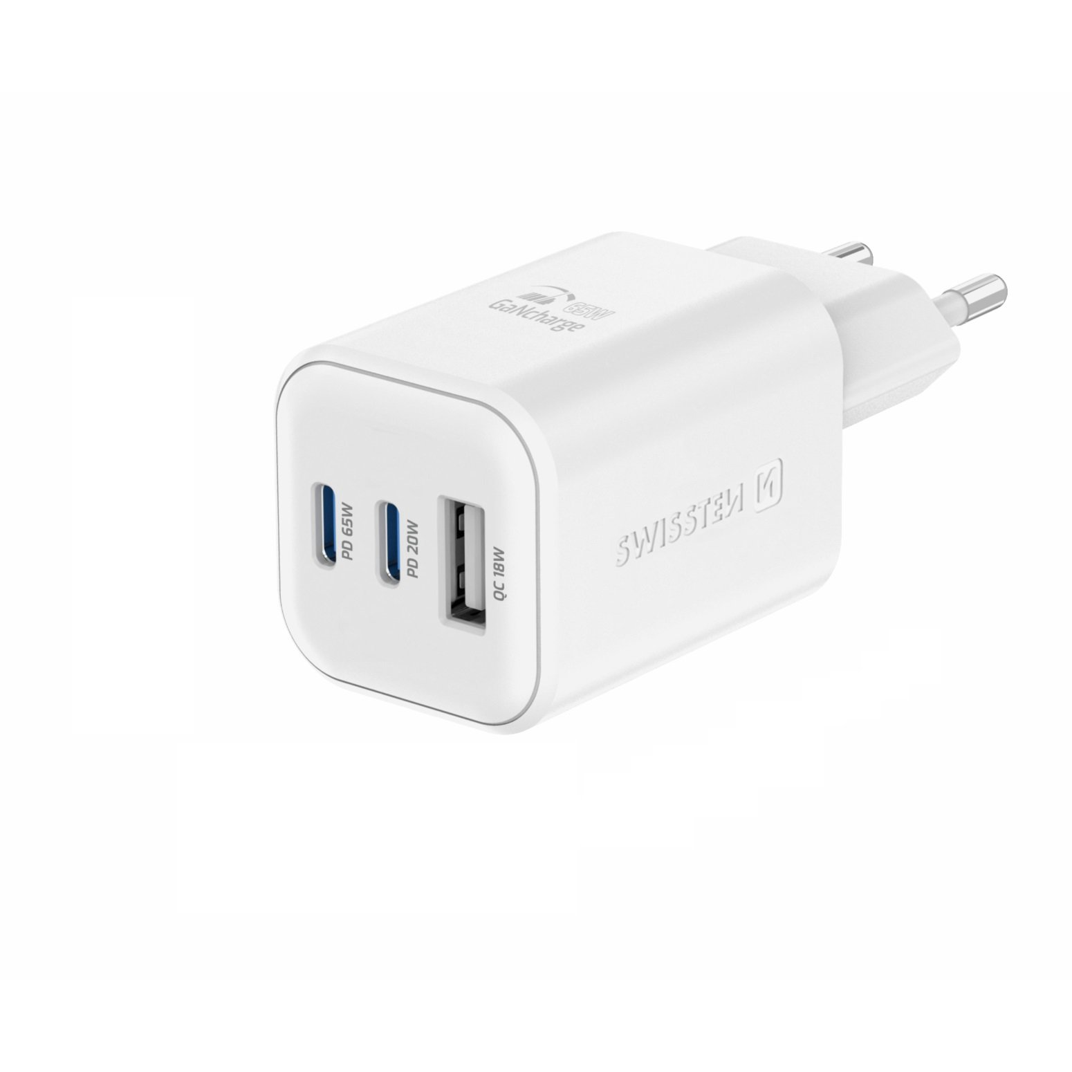 Swissten GaN 2x USB-C 65 W PD + 1x USB-A 18 W QC fehér töltőfej (22071400)