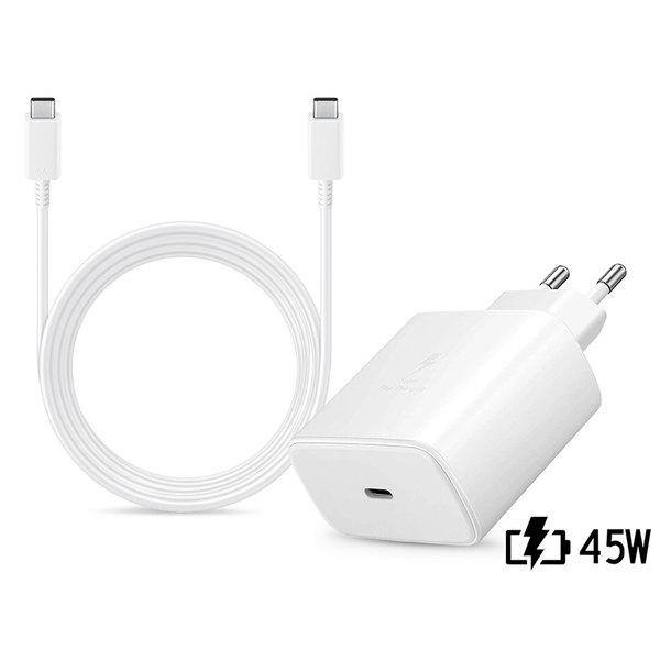 Samsung gyári hálózati töltő adapter Type-C bemenettel + 1,8 m-es Type-C -      Type-C kábel - 45W - EP-TA845EWE + EP-DX510JWE - fehér (ECO csomagolás)