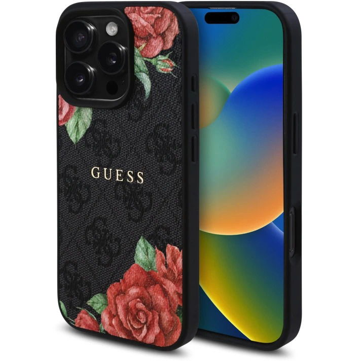 Guess PU Leather 4G Roses iPhone 16 Pro fekete MagSafe tok (GUHMP16LP4ROPEMCK)