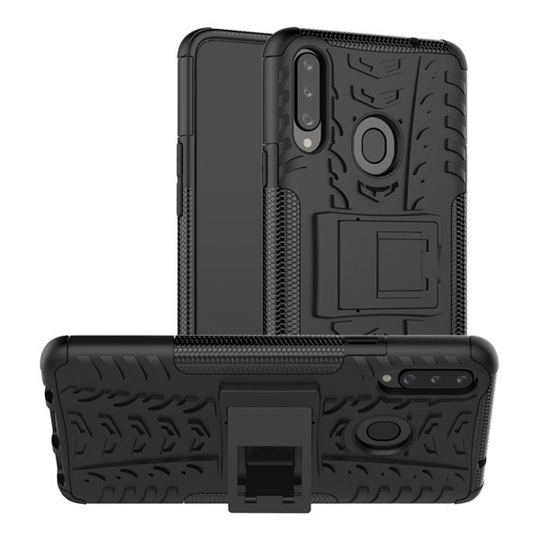 Defender műanyag telefonvédő (közepesen ütésálló, szilikon belső, kitámasztó, autógumi minta) FEKETE [Samsung Galaxy A20s (SM-A207F)] (5996457923557)