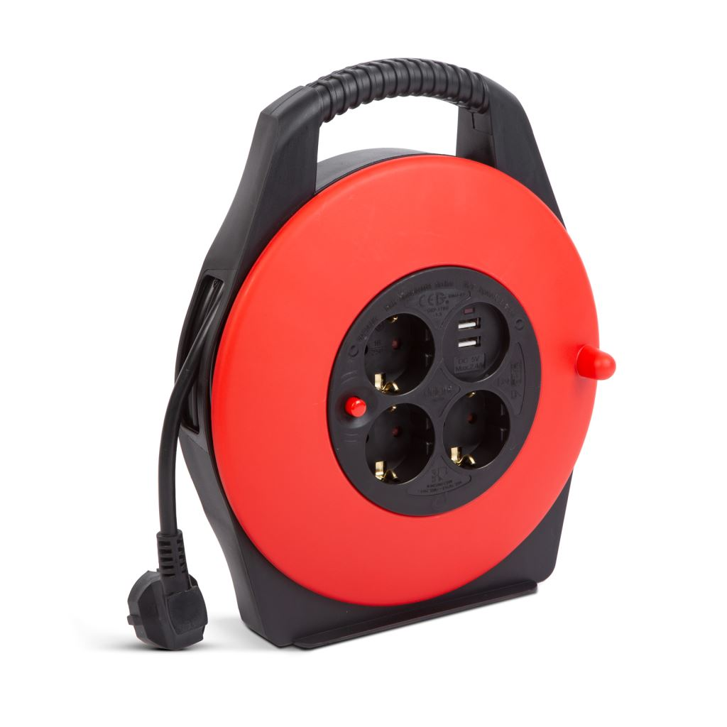 Delight 10méter hosszabbító kábel kábeldobon, 3db CEE 7/4 és 2db USB-A csatlakozóval (20239) (Delight20239)