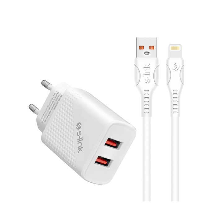 S-Link SL-EC50L 2x USB-A Hálózati töltő + Lightning kábel - Fehér (12W) (35311)