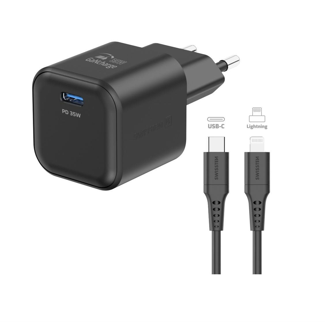 Swissten GaN 1x USB-C 35W Power Delivery töltőfej + USB-C/Lightning 1,2 m adatkábel, fekete (22070250)