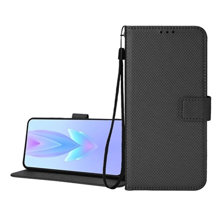 Tok álló, bőr hatású (FLIP, oldalra nyíló, asztali tartó, rombusz + kézpánt) FEKETE Asus Zenfone 12 Ultra "Gigapack csomagolás" (GP-169994)