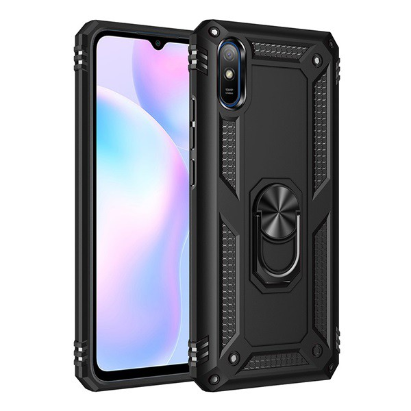 Defender műanyag telefonvédő (közepesen ütésálló, szilikon belső, telefontartó gyűrű, beépített fémlemez) FEKETE [Xiaomi Redmi 9A (Redmi 9 AT)] (5996591003535)