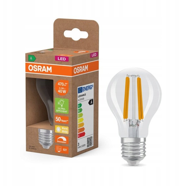 OSRAM LED standard filament 470lm 2,2W/827 (40W) E27 energiklasse A dæmpbar
