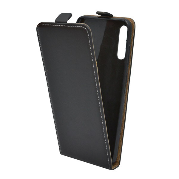 Tok álló, bőr hatású (FLIP, lefelé nyíló, szilikon tartó) FEKETE [Samsung Galaxy A70 (SM-A705F)] (5996457891450)