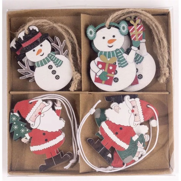 IRIS fa akasztós hóember és mikulás szettben, 8 darabos, 4 féle 5 x 5 cm (061349)
