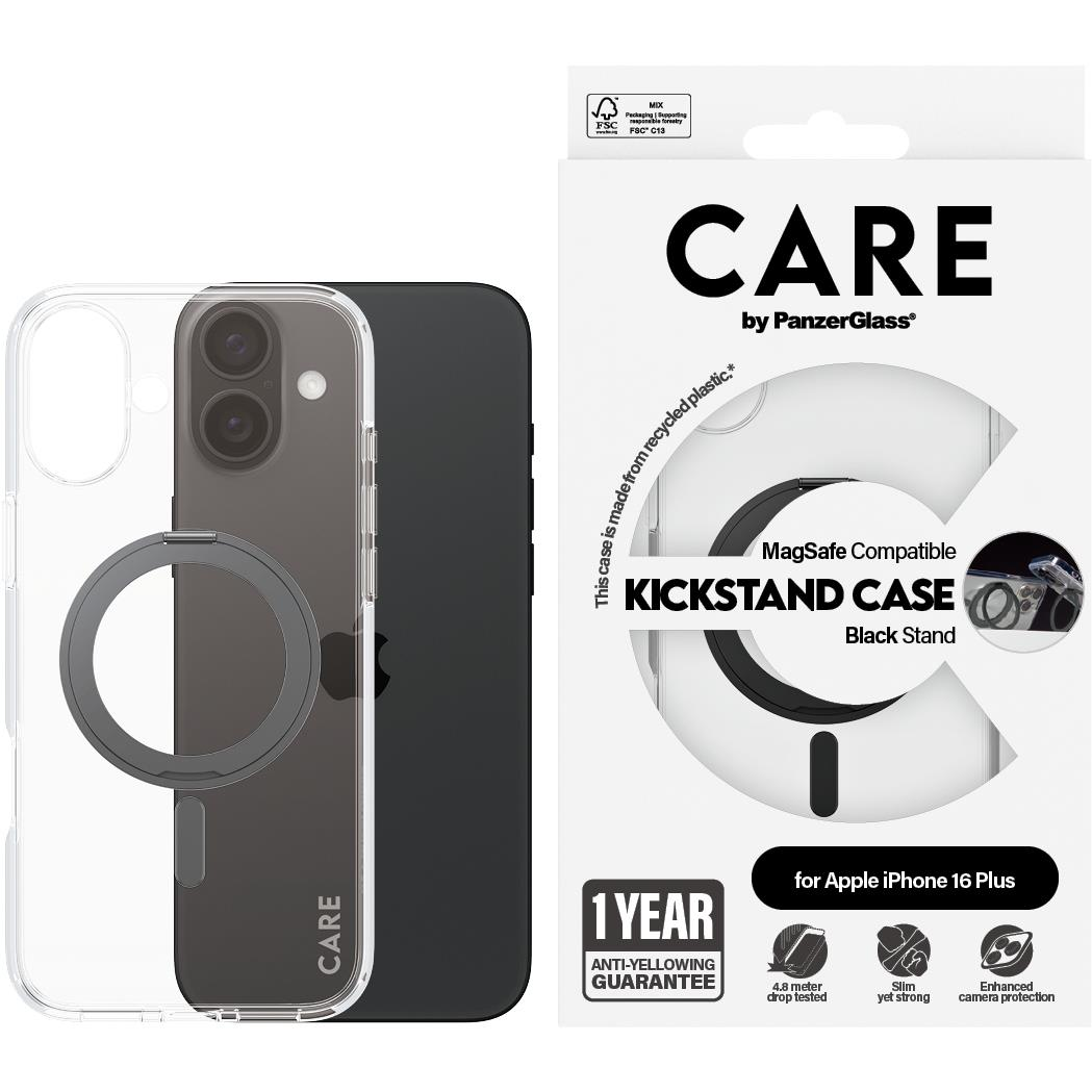 PanzerGlass CARE Apple iPhone 16 Plus MagSafe KickStand átlátszó/fekete nem sárguló tok (1323)
