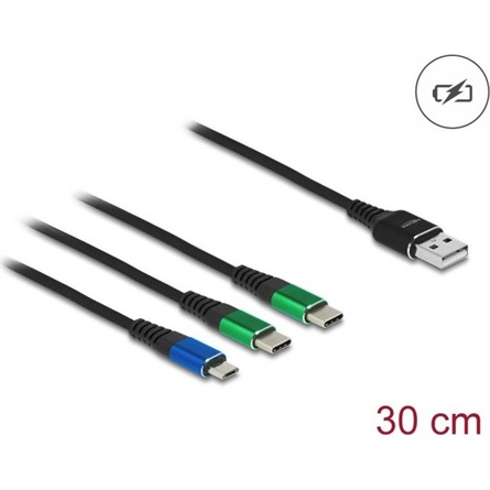 Delock 30 cm hosszú, USB töltő kábel 3 az 1 A-típusú apa Micro USB -, es 2 x USB Type-C  csatlakozáshoz (87883)