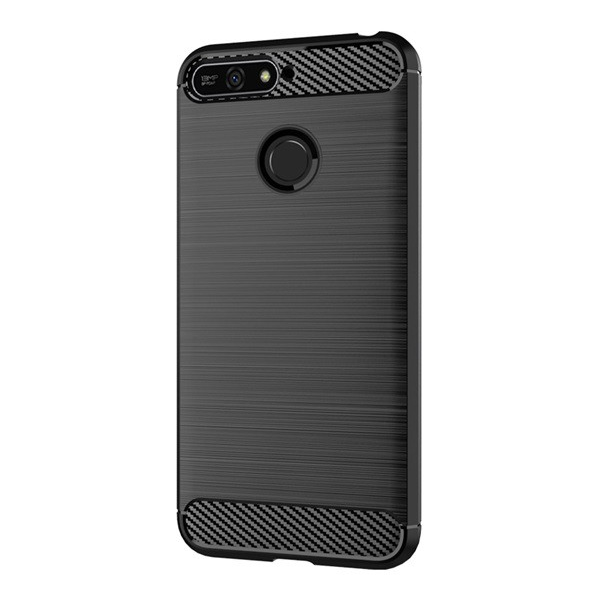 Szilikon telefonvédő (közepesen ütésálló, légpárnás sarok, szálcsiszolt, karbon minta) FEKETE [Huawei Y6 Prime (2018)] (5996457828487)