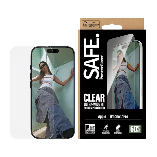 PanzerGlass SAFE. by ® Screen Protector iPhone 17 Pro | Ultra-Wide Fit w. EasyAligner Klar skærmbeskytter Apple 1 stk