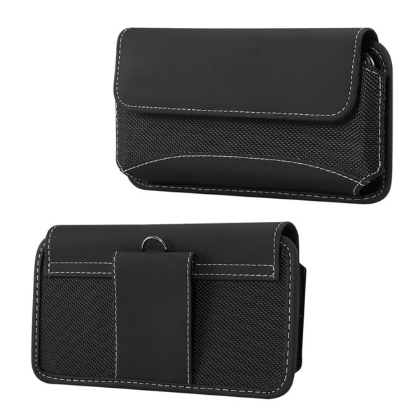 Tok fekvő, bőr hatású (univerzális, övre fűzhető, tépőzáras, textil, bőr hatású bevonat, 6.4 - 6.9" méret) FEKETE [Samsung Galaxy M53 (SM-M536)]