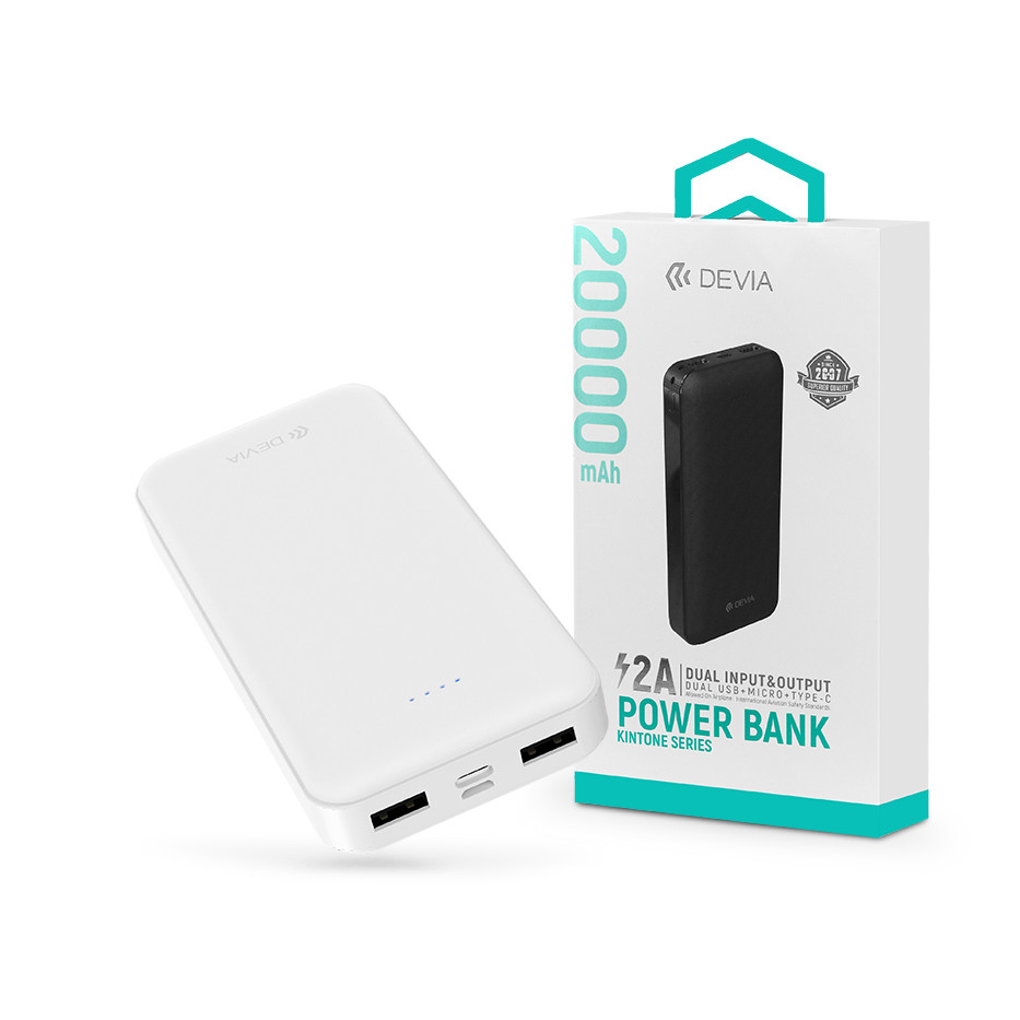 Univerzális hordozható, asztali akkumulátor töltő - Devia Kintone Series V2 Power Bank - 2xUSB + Type-C + microUSB - 20.000 mAh - fehér (ST354656)