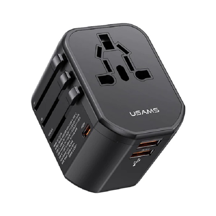 Usams 2xUSB-A/USB-C T59 univerzális utazó töltő - Fekete (20W) (CC179TC01)