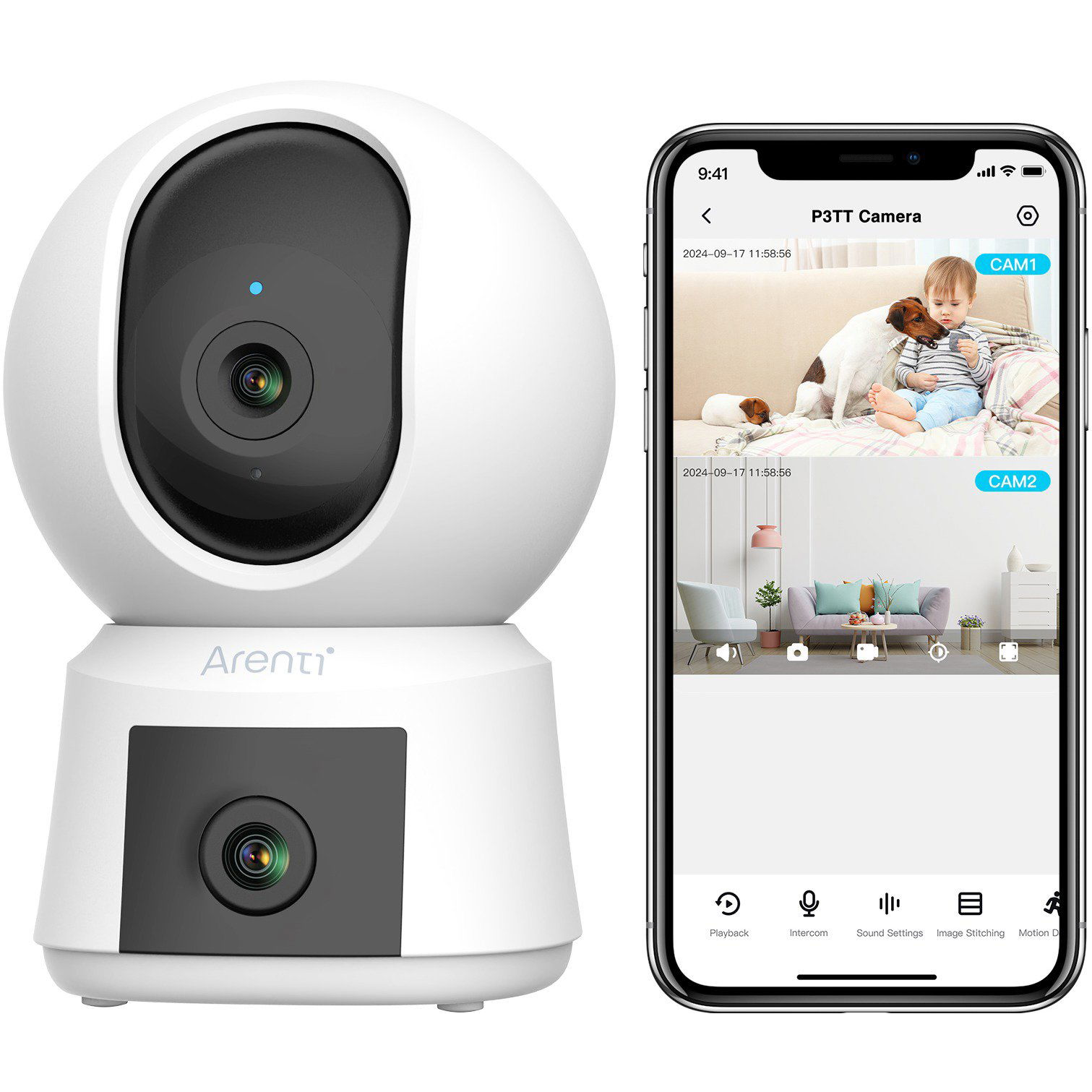 Arenti Indoor Wi-Fi 3MP+3MP Dual-lens Pan-Tilt Camera (P3TT)