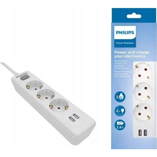 Prodlužovací Kabel přepěťová ochrana Philips 2 m 3 ks zásuvek, bílá