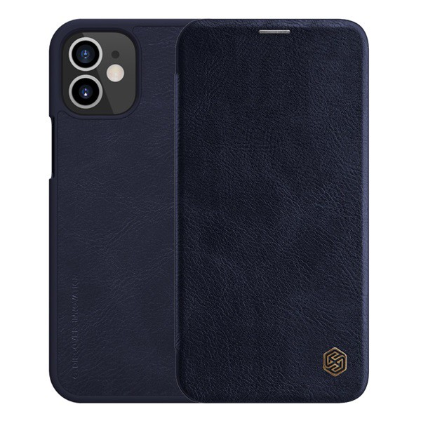 NILLKIN QIN tok álló, bőr hatású (FLIP, oldalra nyíló, bankkártya tartó) SÖTÉTKÉK [Apple iPhone 12 mini] (5996591003900)