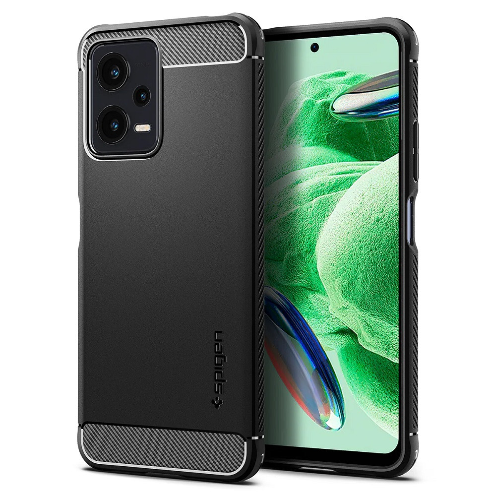 Xiaomi Redmi Note 12 5G / Poco X5 5G, Szilikon tok, Spigen Rugged Armor, karbon minta, fekete (RS138461)