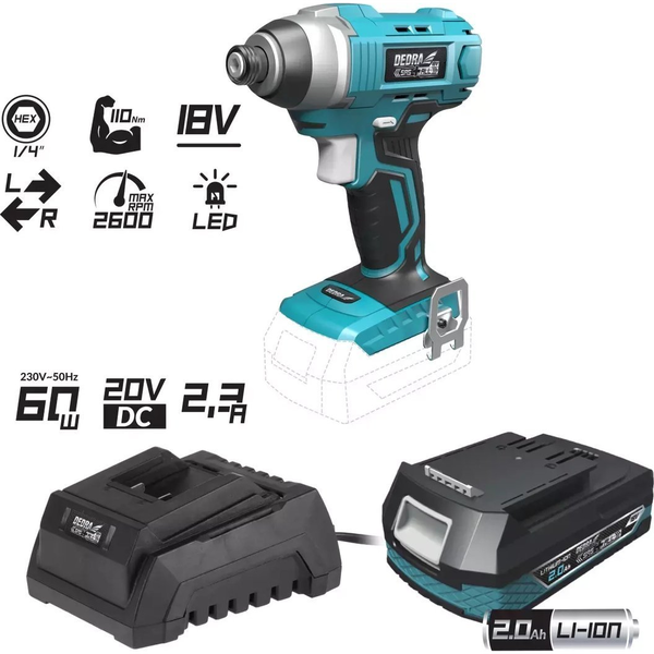 Dedra Akkumulátoros Csavarozógép 110 nm 1/4" 2 Ah Akkumulátorral + Töltővel