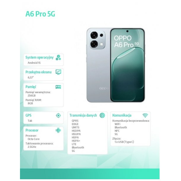OPPO A6 Pro 5G 16,7 cm (6.57") Kettős SIM Android 15 USB C-típus 8 GB 256 GB 6500 mAh Titán (6932169381154)
