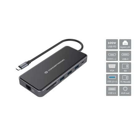 Conceptronic DONN15G φορητός σταθμός σύνδεσης & προσομοιωτής θύρας Καλωδιωμένος (Ενσύρματος) USB 3.2 Gen 1 (3.1 Gen 1) Type-C Γκρι