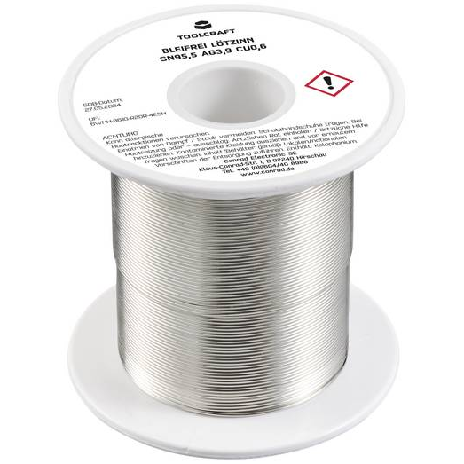 TOOLCRAFT Forrasztóón, ólommentes Tekercs Sn95,5Ag3,9Cu0,6 ROL1 100 g 0.7 mm (TO-9503307) (TO-9503307)