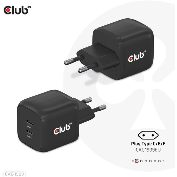 CLUB3D CAC-1909EU oplader til mobil enhed Mobiltelefon, Laptop, Smartphone Sort Vekselstrøm Indendørs