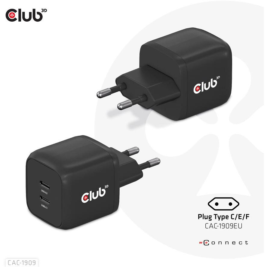 CLUB3D CAC-1909EU nabíjačka na PDA a mobilné telefóny Mobilný telefón, Laptop, Smartfón Čierna AC Vnútorný (CAC-1909EU)