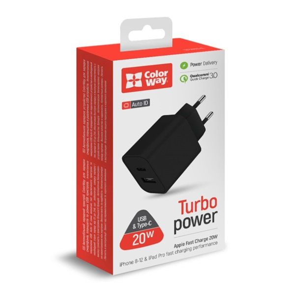 Colorway USB Type-C+ USB QC3.0 Töltő adapter (20W) - Fekete (CW-CHS025QPD-BK)