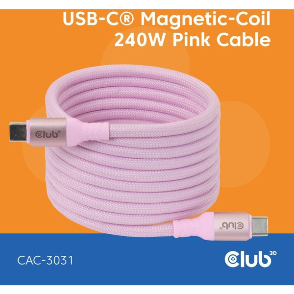 Club3D Lifestyle USB-C Magnetisches Kabel 240W 2m rosa St/St