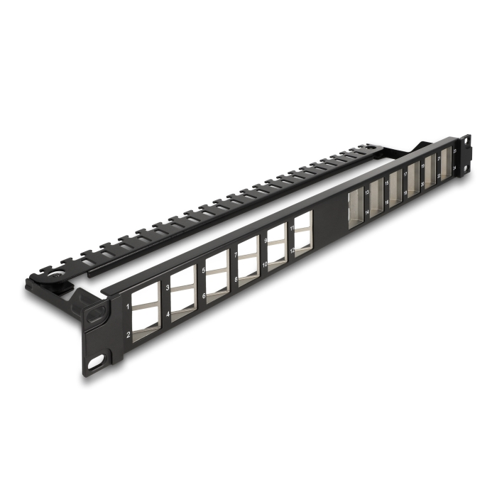 Delock 19 Keystone patch panel 24 porttal hajlított húzásmentesített fekete (67042) (67042)