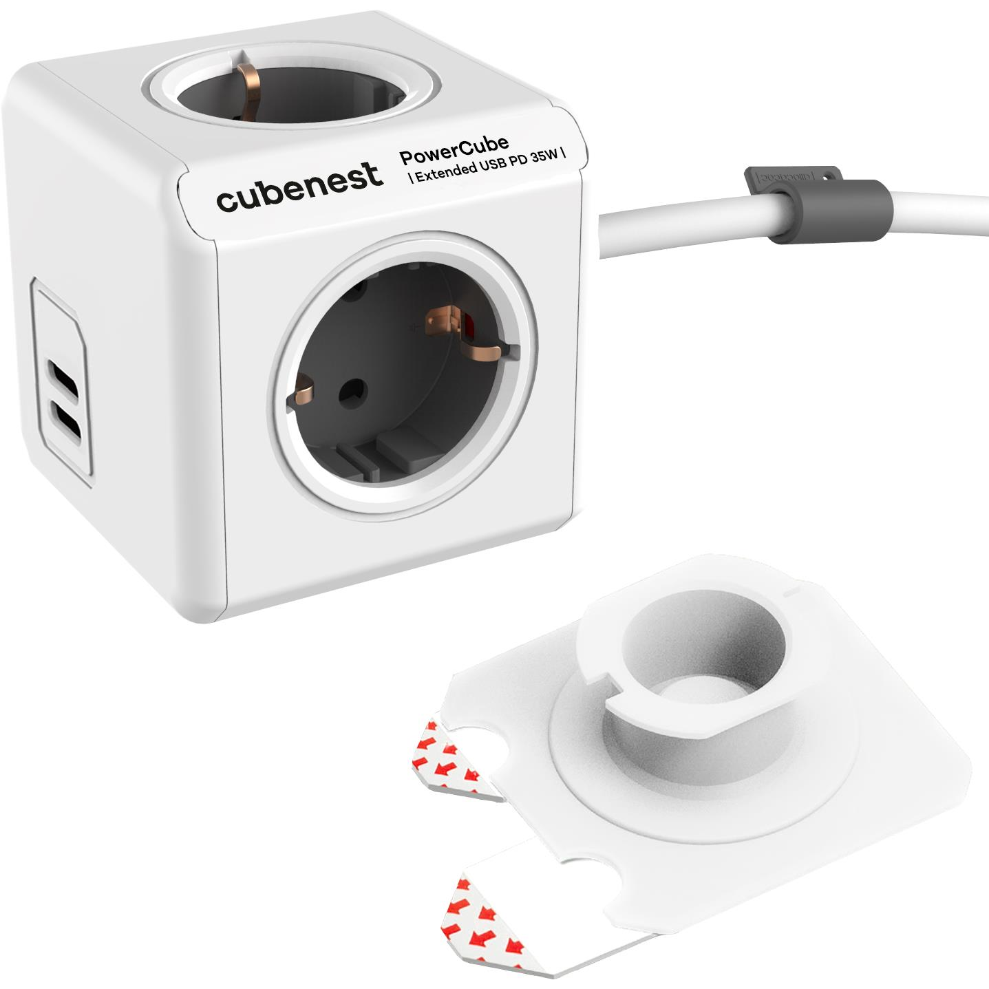 Cubenest Powercube Extended USB PD 35W, 2xUBS-C, 4x aljzat, 1,5 m, fehér/szürke - Schuko (6974699971481)