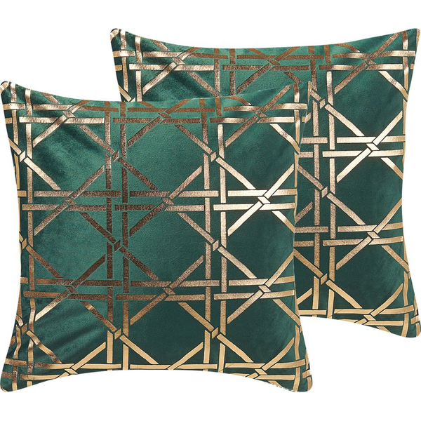 Conjunto De 2 Cojines Decorativos Patrón Diamantes Geométrico Verde Oscuro/dorado 45 X 45 Cm Decoración Glamour Cassia - Verde