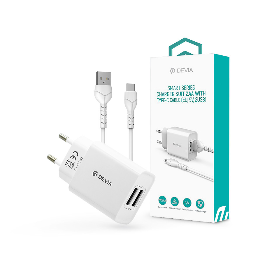 Devia 2xUSB hálózati töltő adapter + USB - Type-C kábel 1 m-es vezetékkel - Devia Smart Series Charger Suit With Type-C Cable - 5V/2.4A - fehér (ST364037)