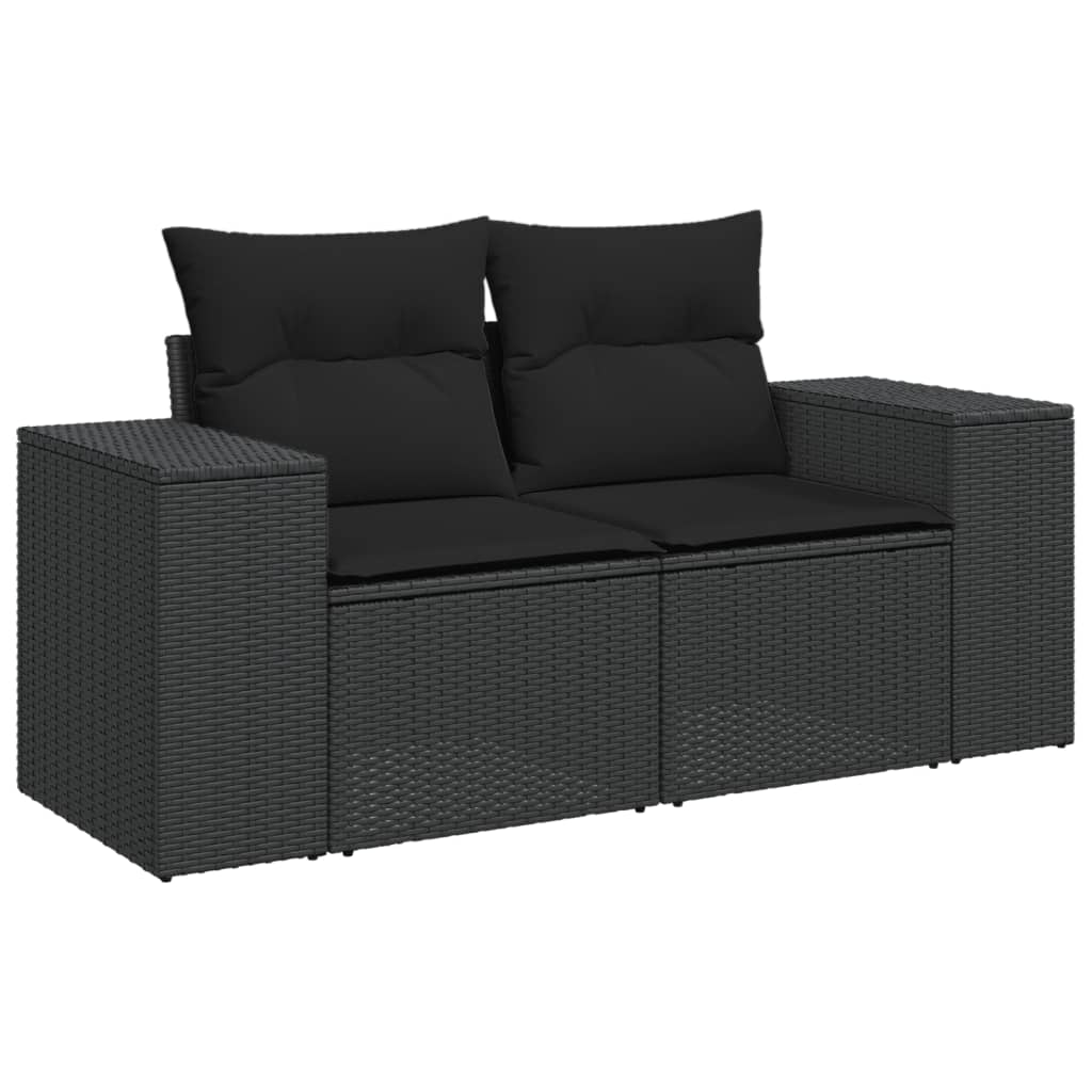 2 személyes fekete polyrattan kerti kanapé párnával (365974)