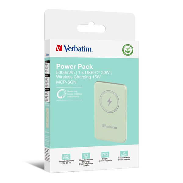 Verbatim Charge 'n' Go Polimeri di litio (LiPo) 5000 mAh Carica wireless Verde