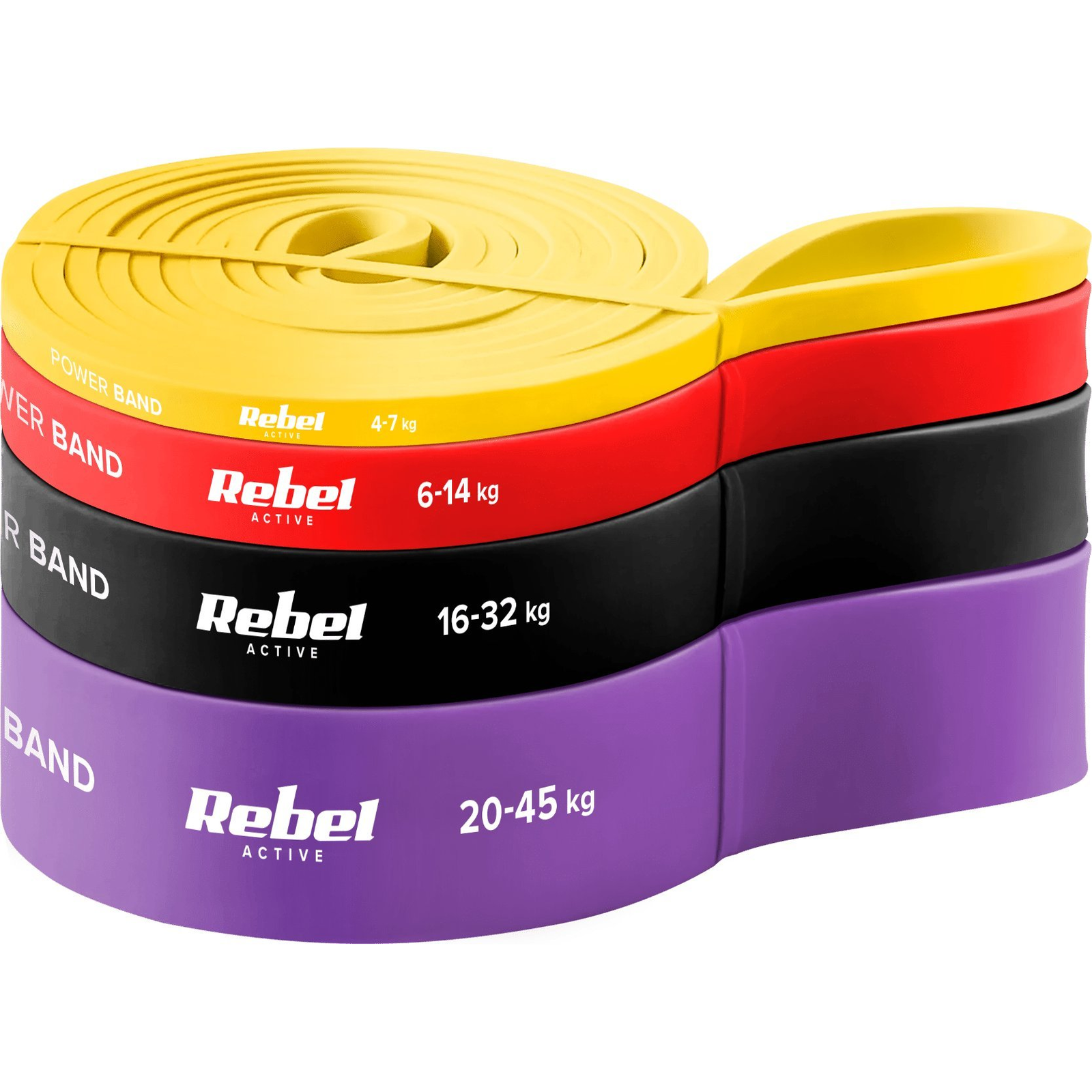 Latex Edzőgumi Szett - Power Band Pls-2, 4-45 kg, 4 db Gumiszalag, Rebel Active (RBA-3000-S4)