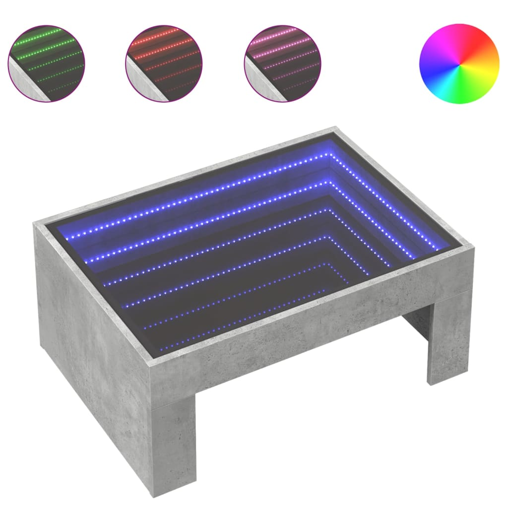 betonszürke végtelen hatású LED-es dohányzóasztal 70x50x30 cm (847612)
